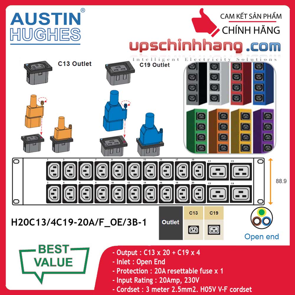 InfraPower 1 phase basic PDU H20C13/4C19-20A/F_OE/3B-1
