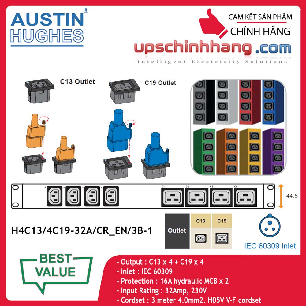 InfraPower 1 phase basic PDU H4C13/4C19-32A/CR_EN/3B-1