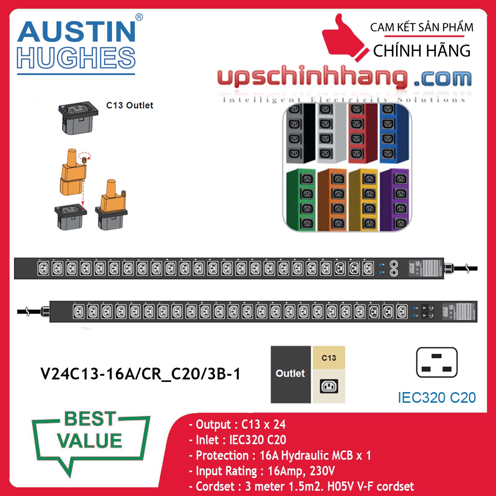 InfraPower 1 phase basic PDU V24C13-16A/CR_C20/3B-1