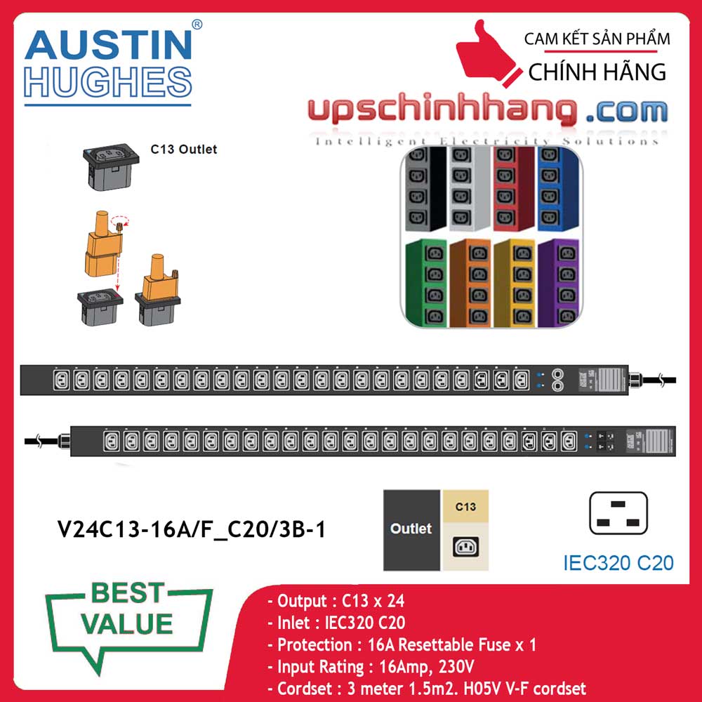 InfraPower 1 phase basic PDU V24C13-16A/F_C20/3B-1