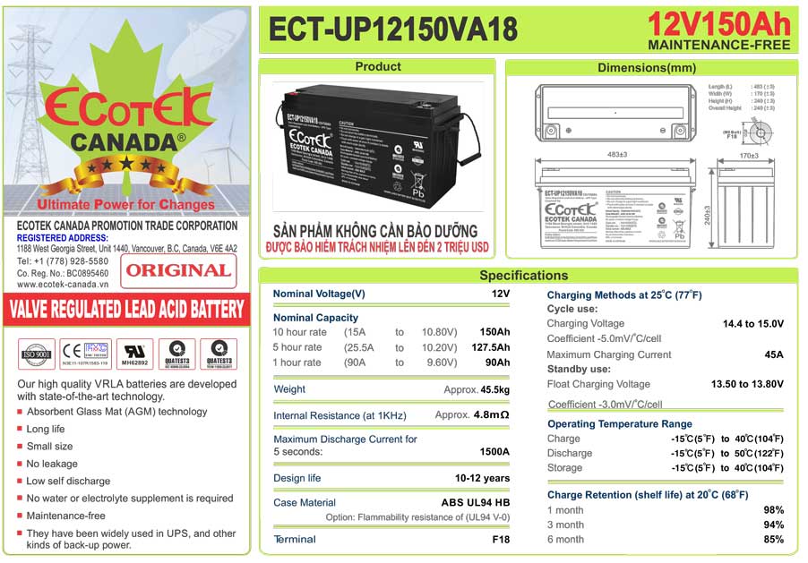 thông số kỹ thuật ắc quy Ecotek ECT-UP12150VA16