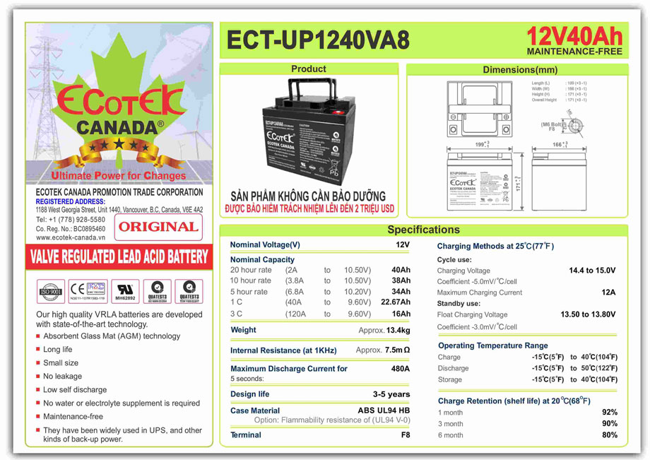 thông số kỹ thuật ắc quy Ecotek ECT-UP1240VA8