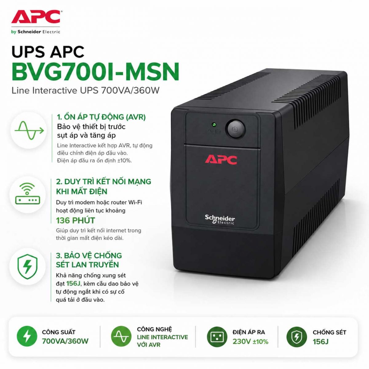 UPS APC BVG700I-MSN Line Interactive AVR chống sét lan truyền 156J