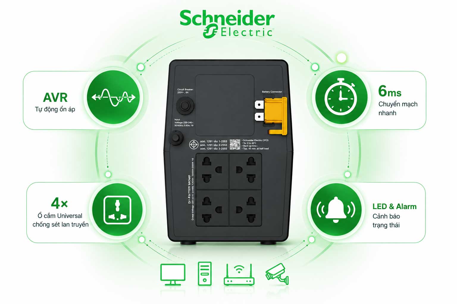 Đặc tính mặt sau bộ lưu điện APC BVG1200I-MSN, AVR, chuyển mạch 6 mili giây, 4 ổ cắm Universal, đèn LED cảnh báo