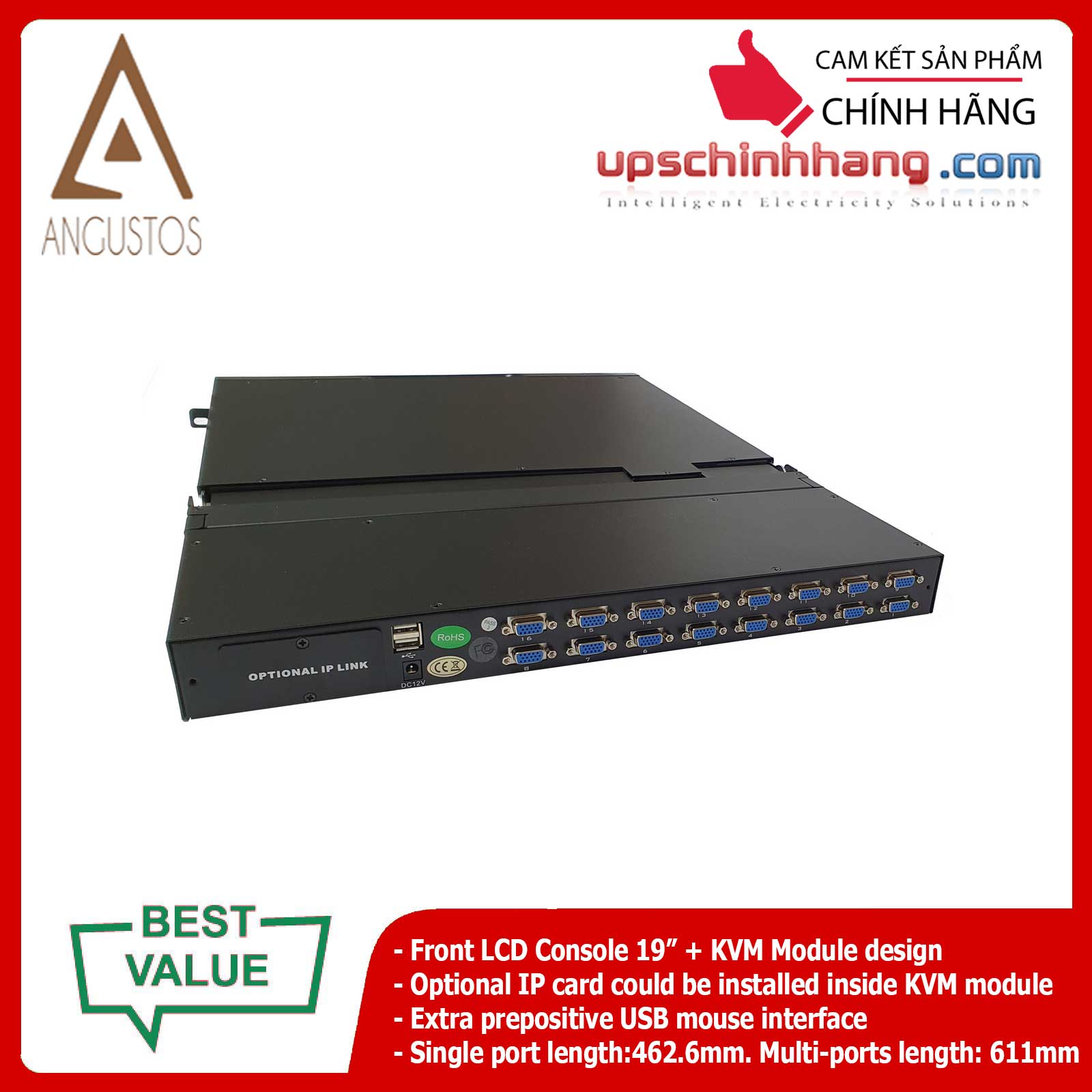 ANGUSTOS AL-V916L – 19 Inch LCD 16 port VGA KVM Single Rail